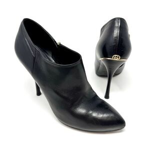 Gucci Interlocking Gold GG Black Leather Heeled Booties Ankle Boots